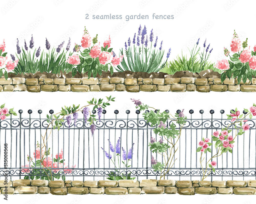 Watercolor clipart of garden fences. Seamless garden border fence, Wattle,  Rack fence and bushes. Sunflowers and bushes. flowers, grass and plants.  For Planners Postcards Paper Tape Fabric Posters Stock Illustration | Adobe