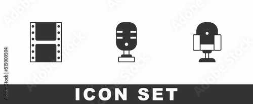 Set Play video, Microphone and Director movie chair icon. Vector