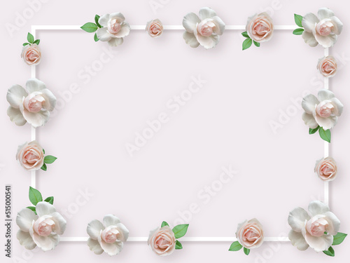 Arrangement of beautiful roses. Flower roses frame on pink pastel background.
