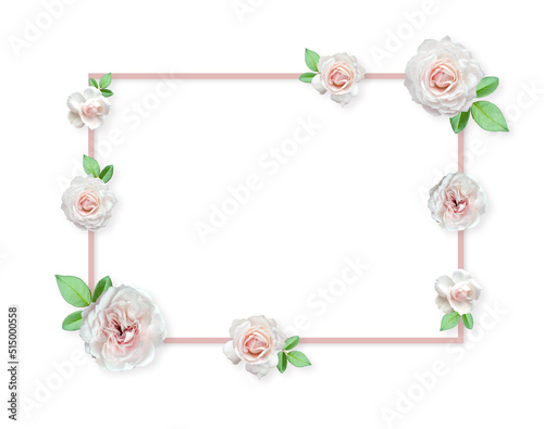 White Roses Arrangement. Flower roses frame on pastel background.