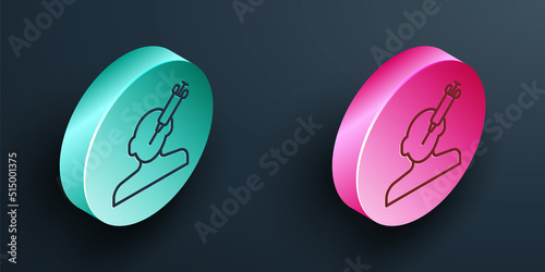 Isometric line Addiction to the drug icon isolated on black background. Heroin, narcotic, addiction, illegal. Sick junkie with a syringe and medical pills. Turquoise and pink circle button. Vector