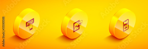 Set Isometric Bid, Auction painting and Online auction icon. Vector