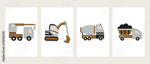 Set kids posters with vehicle. Cartoon dump truck, excavator, concrete mixer and crane. Wall art nursery. Toy cars helpers. Baby prints for a boy.