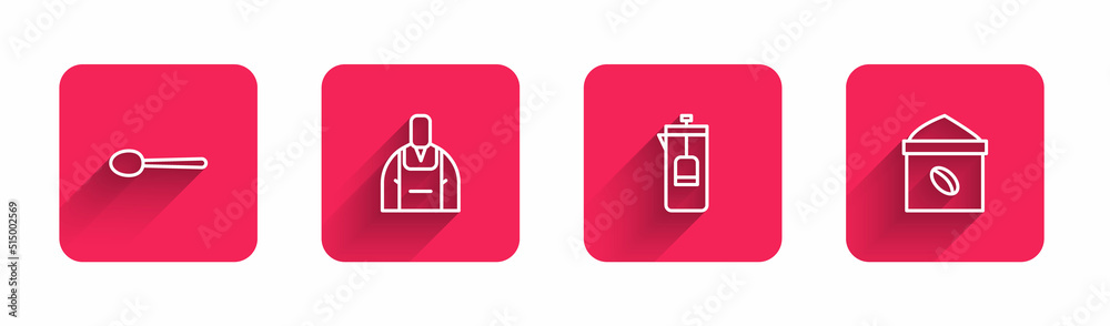 Set line Spoon, Barista, French press and Bag of coffee beans with long shadow. Red square button. Vector Set line Spoon, Barista, French press and Bag of coffee beans with long shadow. Red square button. Vector
