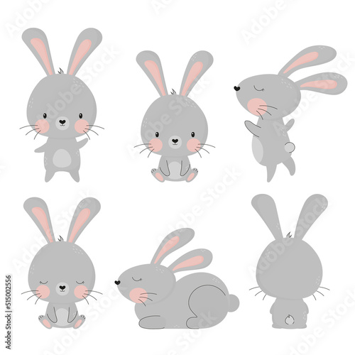 Big set of cute grey hand drawn bunnies