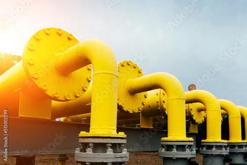 Gas transportation industry. Yellow gas pipeline power technology. Fuel pipe energy equipment. Gas pumping station, industrial zone.