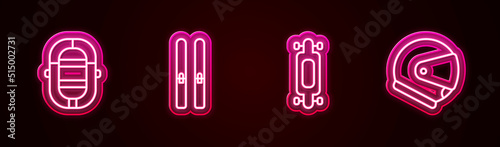 Set line Rafting boat, Ski and sticks, Longboard or skateboard and Helmet. Glowing neon icon. Vector