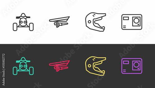 Set line ATV motorcycle, Hang glider, Motocross helmet and Action extreme camera on black and white. Vector