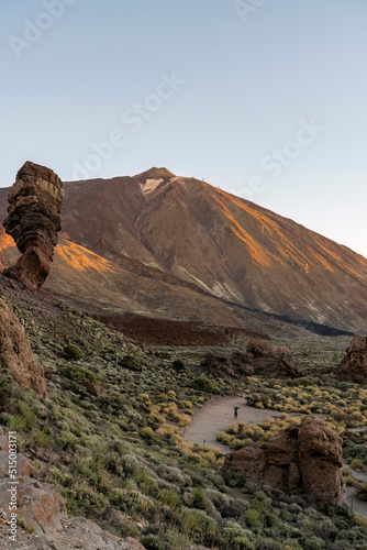 Rogues de Garcia hiking trail with Teide volcano in the background. The famous rock formation is called Gods finger.