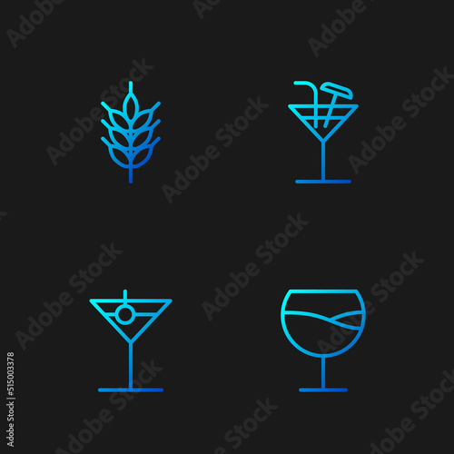 Set line Wine glass, Martini, Hop and Cocktail. Gradient color icons. Vector