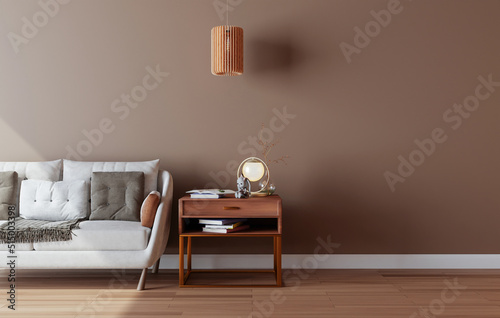 Fototapeta Naklejka Na Ścianę i Meble -  Mockup wall with armchair in living room with a brown wall..modern living room with sofa. scandinavian interior design furniture..sofa chair and plants with brown wall. copy space. 3D rendering.