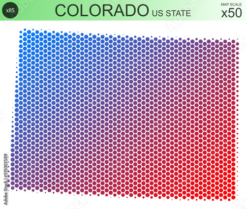 Dotted map of the state of Colorado in the USA, from circles, on a scale of 50x50 elements. With smooth edges and a smooth gradient from one color to another on a white background. 