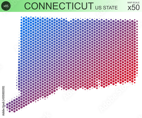 Dotted map of the state of Connecticut in the USA, from circles, on a scale of 50x50 elements. With smooth edges and a smooth gradient from one color to another on a white background.