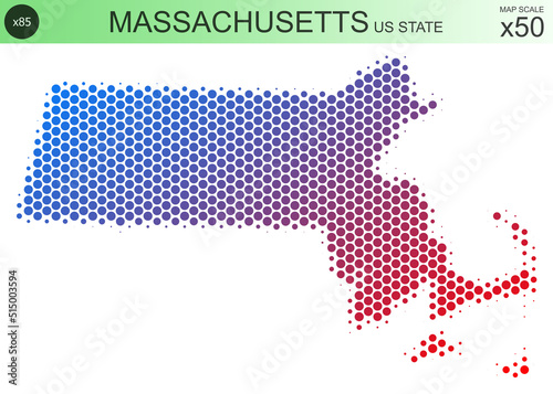 Dotted map of the state of Massachusetts in the USA, from circles, on a scale of 50x50 elements. With smooth edges and a smooth gradient from one color to another on a white background. photo