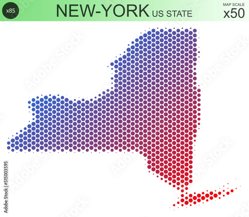 Dotted map of the state of New-York in the USA, from circles, on a scale of 50x50 elements. With smooth edges and a smooth gradient from one color to another on a white background. photo