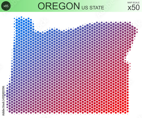 Dotted map of the state of Oregon in the USA, from circles, on a scale of 50x50 elements. With smooth edges and a smooth gradient from one color to another on a white background. photo