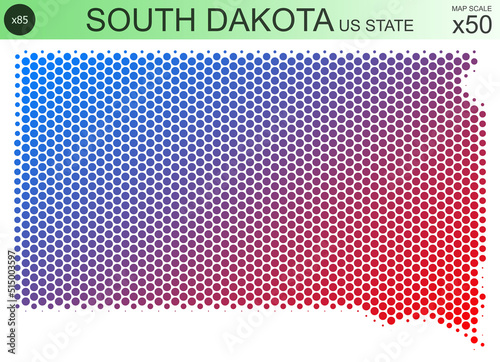 Dotted map of the state of South Dakota in the USA, from circles, on a scale of 50x50 elements. With smooth edges and a smooth gradient from one color to another on a white background.