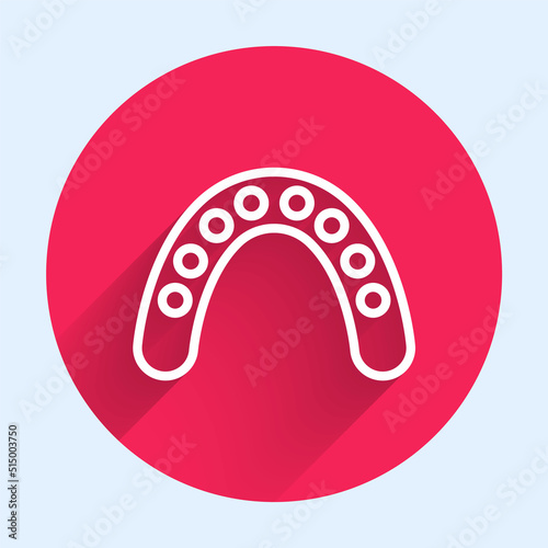 White line Mouth guard boxer icon isolated with long shadow background. Red circle button. Vector