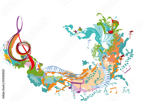 Abstract musical design with a treble clef and colorful splashes, notes and waves. Colorful treble clef. Hand drawn vector illustration.