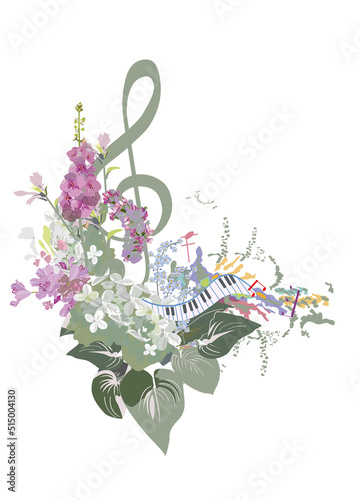 Abstract nature treble clef decorated with summer and spring flowers, notes, birds. Light and relax music. Hand drawn vector illustration.
