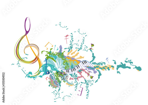 Abstract musical design with a treble clef and colorful splashes, notes and waves. Colorful treble clef. Hand drawn vector illustration.