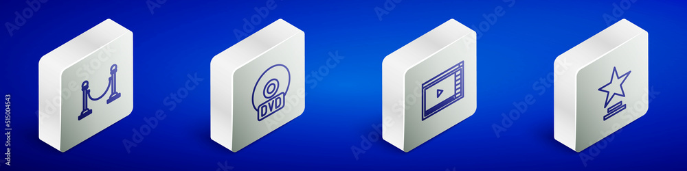 Set Isometric line Rope barrier, CD or DVD disk, Online play video and Movie trophy icon. Vector Set Isometric line Rope barrier, CD or DVD disk, Online play video and Movie trophy icon. Vector