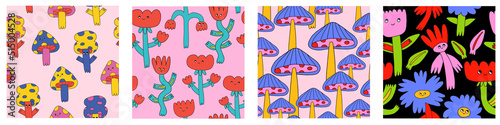 set of vector psychedelic seamless patterns with hippie flowers.1970 good vibes and daisy flower characters.Funky and groovy floral ornament collection.Vibrant square textile with flowers dudes