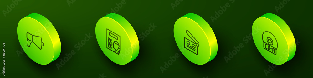 Set Isometric line Megaphone, Cinema poster, Movie clapper and CD or DVD disk icon. Vector Set Isometric line Megaphone, Cinema poster, Movie clapper and CD or DVD disk icon. Vector