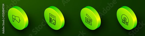 Set Isometric line Megaphone, Cinema poster, Movie clapper and CD or DVD disk icon. Vector