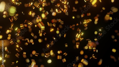 Golden glittering confetti falling against black background, seamless looping 3D animation in 4K UHD with shallow depth of field