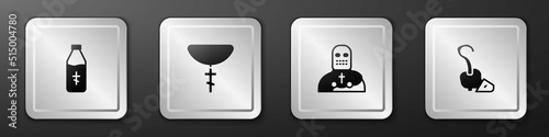 Set Holy water bottle, Christian cross on chain, Knight crusader and Magic staff icon. Silver square button. Vector