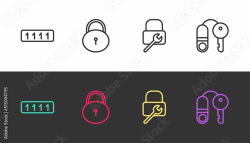 Set line Password protection, Lock, repair and House with key on black and white. Vector