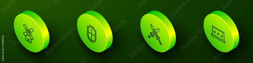 Set Isometric line Windmill, Shield, Crossed medieval sword and King crown icon. Vector Set Isometric line Windmill, Shield, Crossed medieval sword and King crown icon. Vector