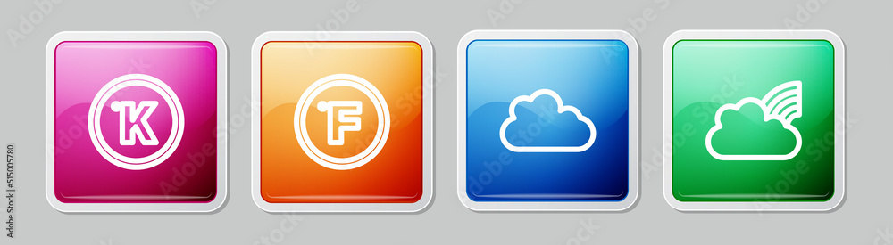 Set line Kelvin, Fahrenheit, Cloud and Rainbow with clouds. Colorful square button. Vector Set line Kelvin, Fahrenheit, Cloud and Rainbow with clouds. Colorful square button. Vector