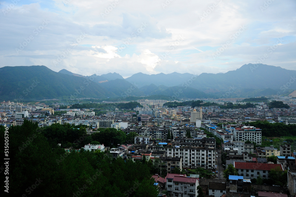 The city of Lishui in Yunhe county with mountains in the background in zhejiang province china.