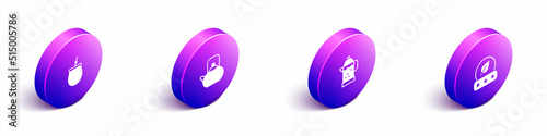 Set Isometric Mate tea, Kettle with handle, French press and Tea leaf icon. Vector