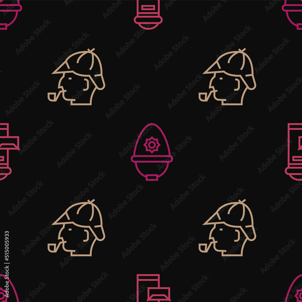 Set line London mail box, Sherlock Holmes and British police helmet on seamless pattern. Vector
