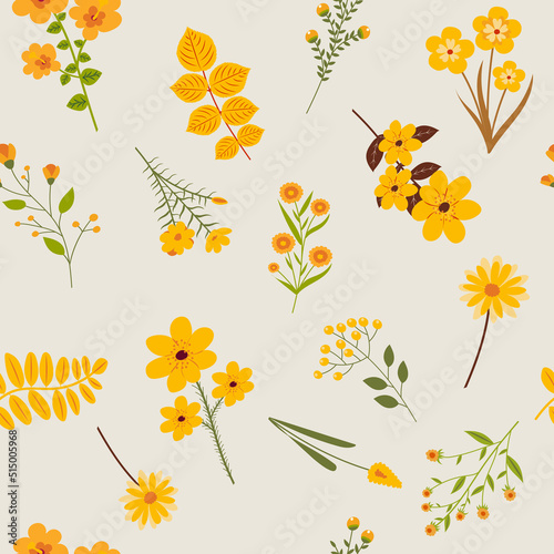 yellow leaves, plants seamless pattern in flat design vector