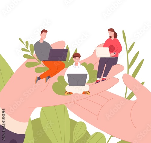 Employee wellbeing. Supporting protect employees, professional insurance resources, hands boss care office personnel, wellness benefit plant workplace, splendid vector illustration