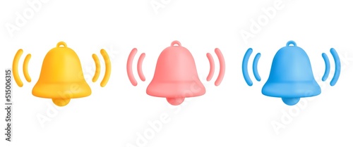 Realistic notice bell. Floating 3d alarm clock bells sound notification, isolated reminder icon contact new message, render sign interface event subscribe, tidy vector illustration