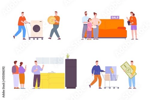 Furniture buyers. Sale appliances or apartment furnitures, people with cart in interior shop, exchange home decoration customer buying sofa credit money price vector illustration