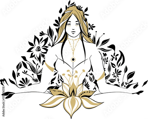 Beautiful woman among blooming flowers with lotus
