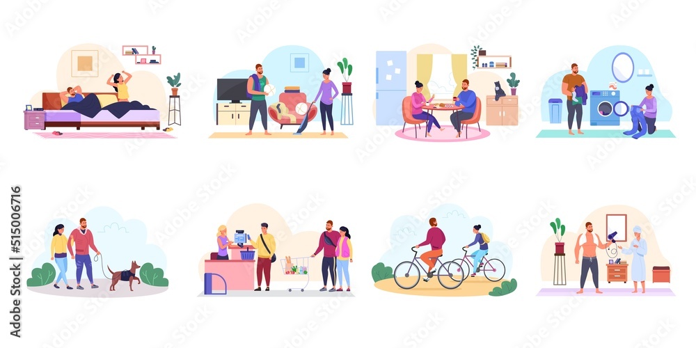 Couple life routine. Everyday life people, couples lives daily walk bicycle, clean house, awake morning after sleep boyfriend or partner, eat home food, garish vector illustration