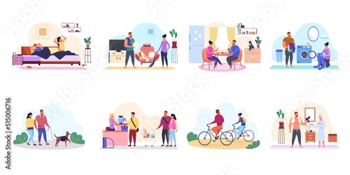 Couple life routine. Everyday life people, couples lives daily walk bicycle, clean house, awake morning after sleep boyfriend or partner, eat home food, garish vector illustration