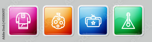 Set line Kosovorotka, Moon with flag, Ushanka and Balalaika. Colorful square button. Vector