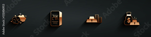 Set Gold nugget, bars 24k, coin with gold and Bag of icon with long shadow. Vector