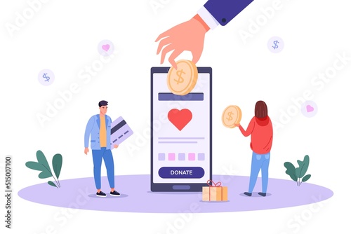 Mobile fundraising. Online donations, charity fund digital money activity crowdfunding, donating smartphone app phone bank, fundraiser giving cash social help, vector illustration