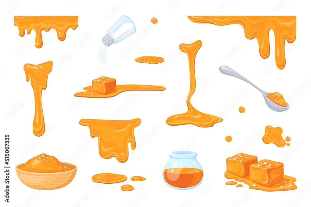 Cartoon liquid caramel. Salted caramels melting, sugar caramelizing