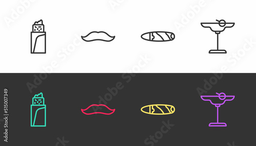 Set line Burrito, Mustache, Cigar and Margarita cocktail on black and white. Vector