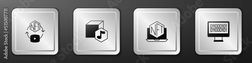Set NFT Digital crypto art, Laptop with store app and Binary code icon. Silver square button. Vector
